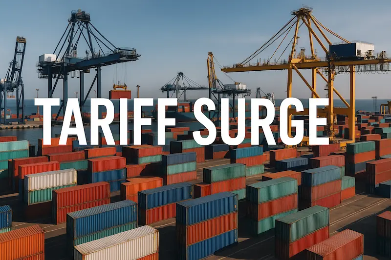 Containers and cranes at a port during a tariff surge